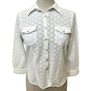 CABI Women's Lace Shirt Long Sleeve White Snap Buttons Size MEDIUM